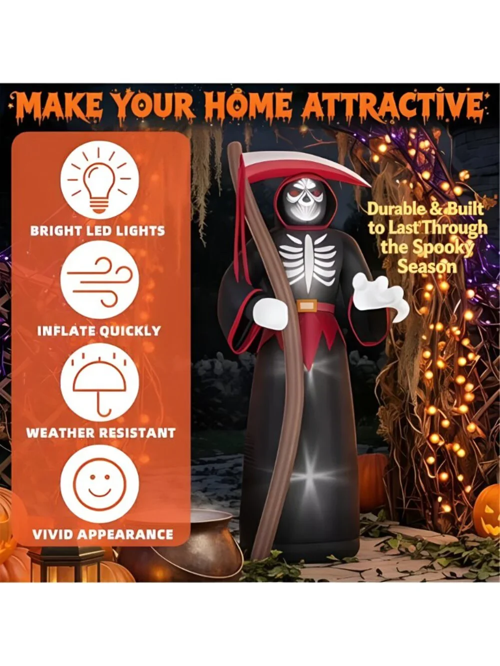 8FT Halloween Inflatables Outdoor, Giant Grim Reaper Blow Up Yard Decor